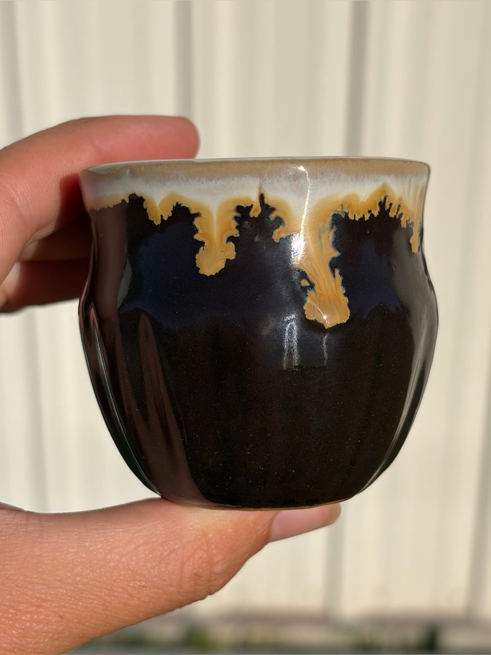 Vintage Miniature Small 2" Dark Brown Drip Glaze Ceramic Pottery Planter w/ Hole